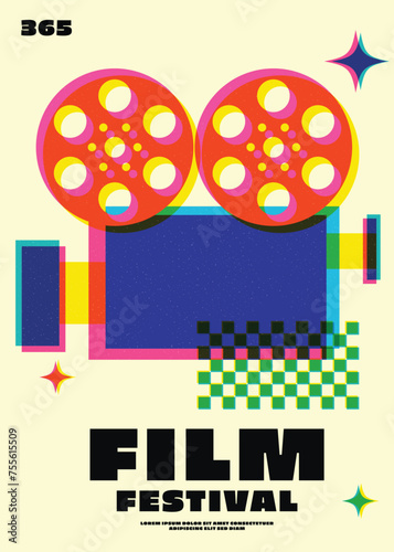 Movie and film festival poster template with trendy print texture layer style