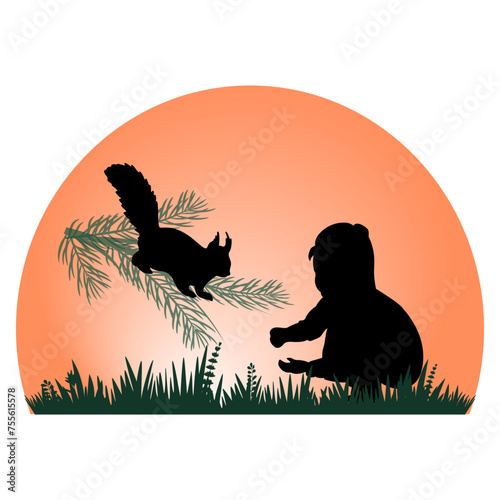 Children and pets silhouettes on yellew background. Little girl playing with squirrel. Vector illustration.	 photo
