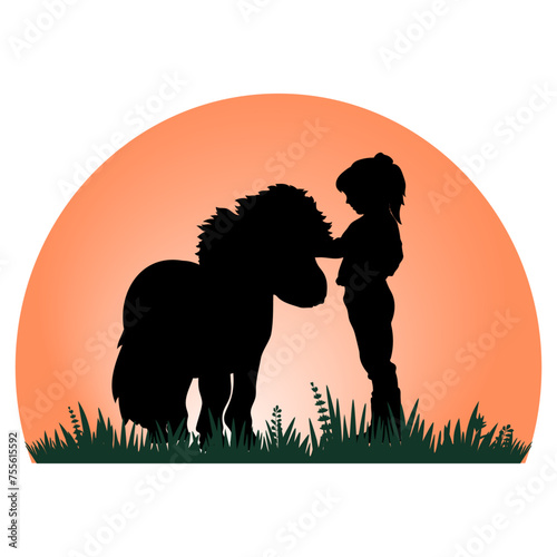 Children and pets silhouettes on yellow background. Little girl with pony on the grass . Vector illustration.