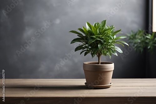 a potted plant on an empty table. copy space, a place for the product