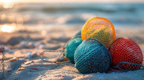An up close look at a brightly colored fishnet ball on sand with the sun in the backdrop with space for text or product, Generative AI. photo