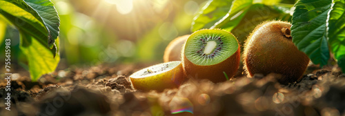 A close-up view of a healthy green kiwi plant thriving in nutrient-rich soil. photo