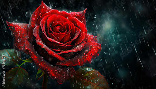 Portret czerwonej róży w kroplach deszczu. Generative AI