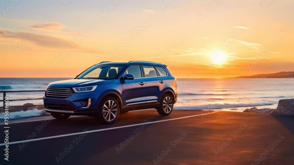 An SUV with a sporty and modern design is parked on a concrete road by the sea at sunset. An SUV with a sporty and modern design is parked on a concrete road by the sea at sunset.