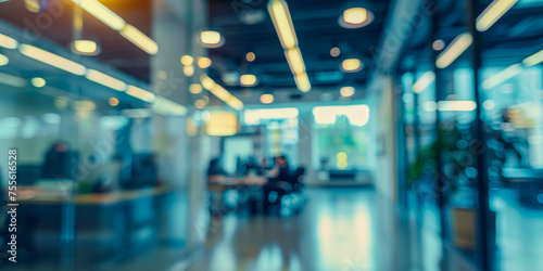 A defocused view of an office environment with soft bokeh lighting
