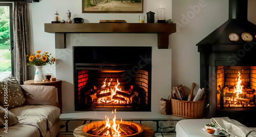 A cozy guest room in a country house with a fireplace and upholstered furniture.