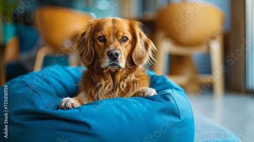 A dog sitting in a blue bean bag on the floor, AI photo