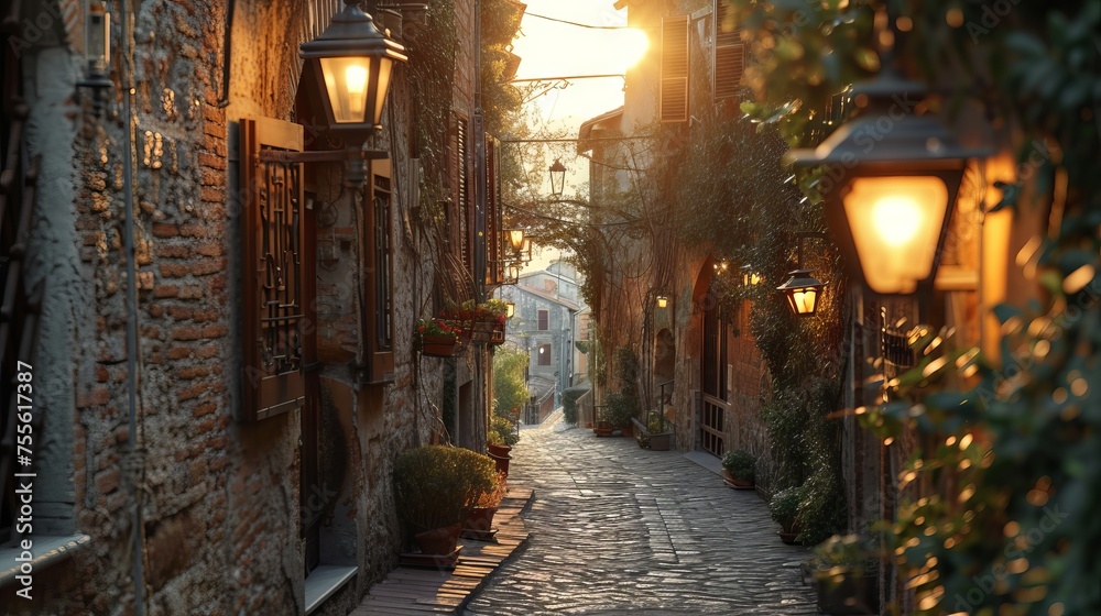 The golden hour sun casts a warm glow on an ancient, vine-lined alleyway in an Italian village, adorned with glowing street lamps