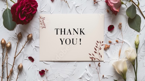 Note with Thank you inscription on a white wall with flowers