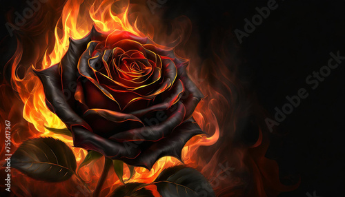 Portret czarnej Róży w płomieniach. Generative AI