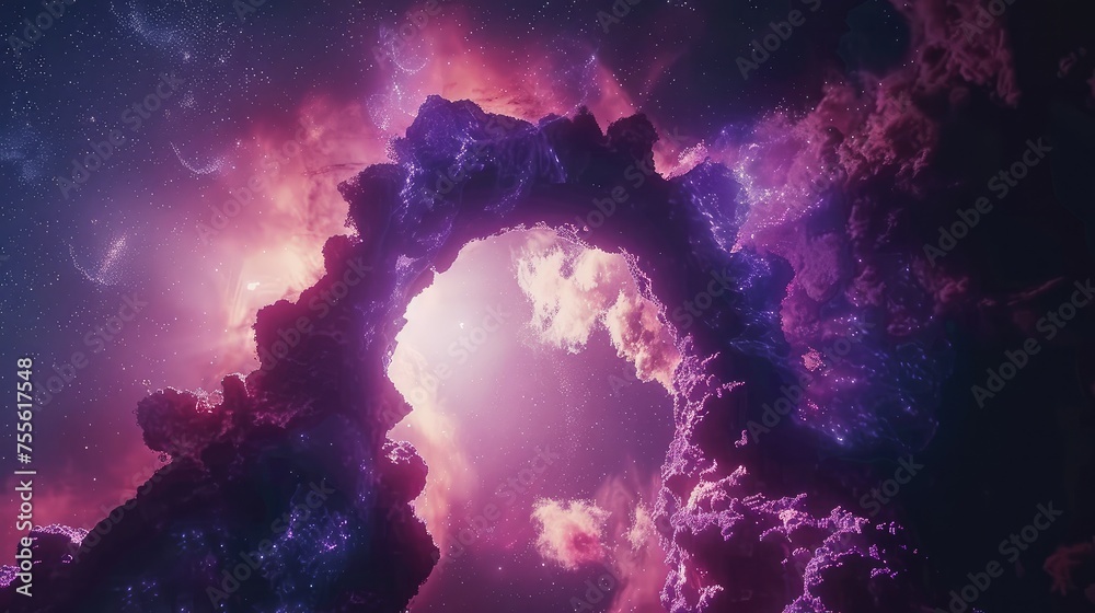 Obraz premium Vibrant Cosmic Nebula with Arching Clouds in Purple and Pink Hues.