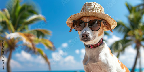 A dog in a straw hat and sunglasses on the beach against a background of blue sky and palm trees.