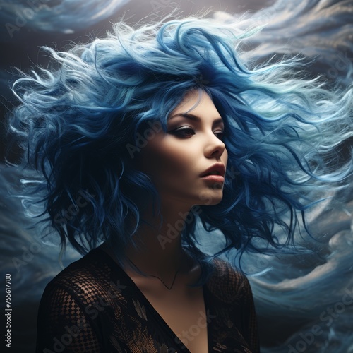 Powerful portrait of a woman with a wild mane of blue hair  her profile accentuated against a swirling stormy backdrop