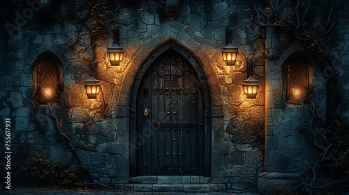 Atmospheric old stone castle door, illuminated by vintage lanterns, is entwined with ivy under the mystical twilight