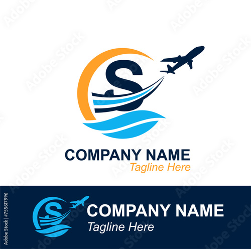 Letter S with Wave and Flying Plane for Travel Agency Logo. Vector Design Logo for travel transportation label, tourism, flight company advertising