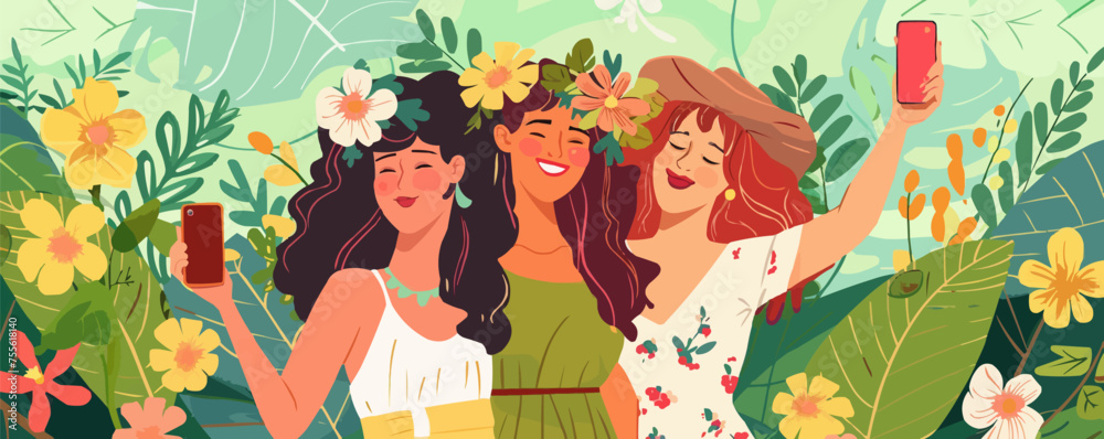 Beautiful women with flowers taking selfie on green background. International Women's Day celebration