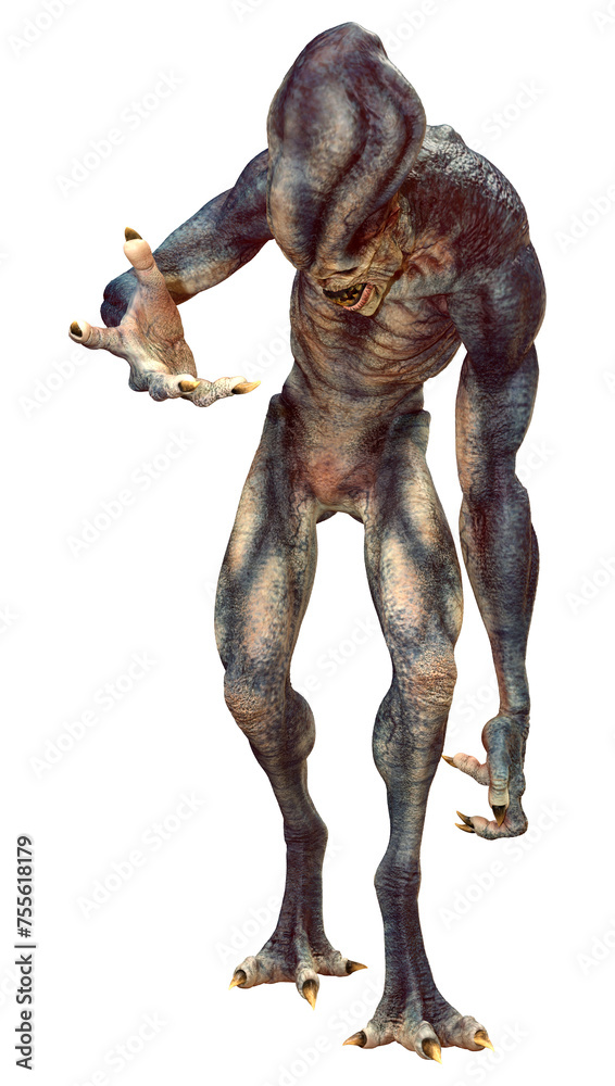 3D Rendering Blue Alien on White