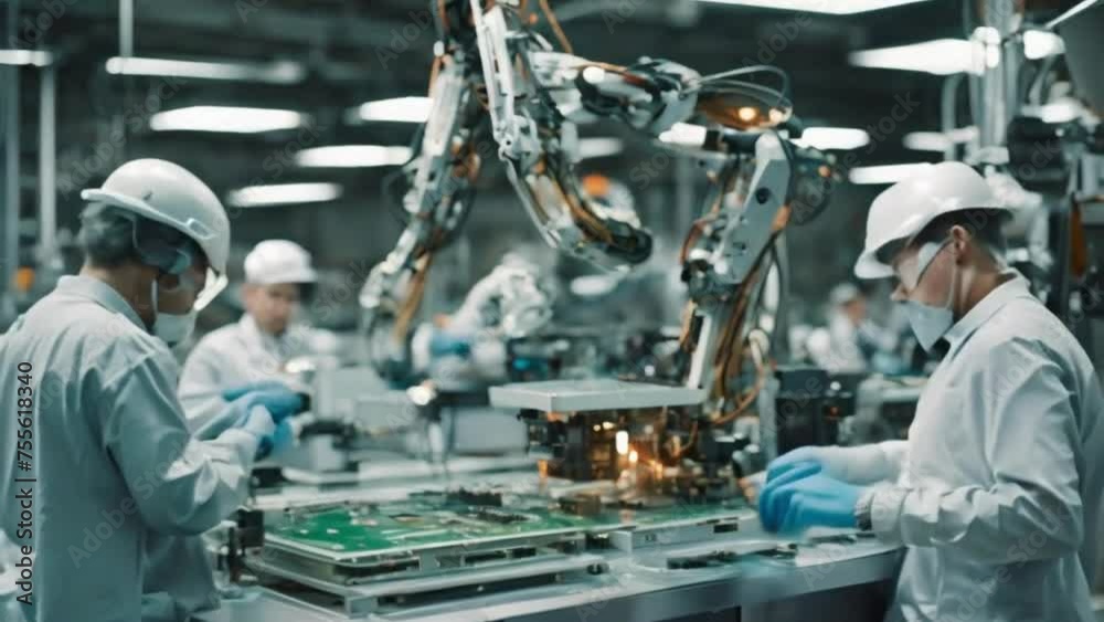 A factory video shows robotic arms constructing a circuit board. A factory video shows robotic arms constructing a circuit board.