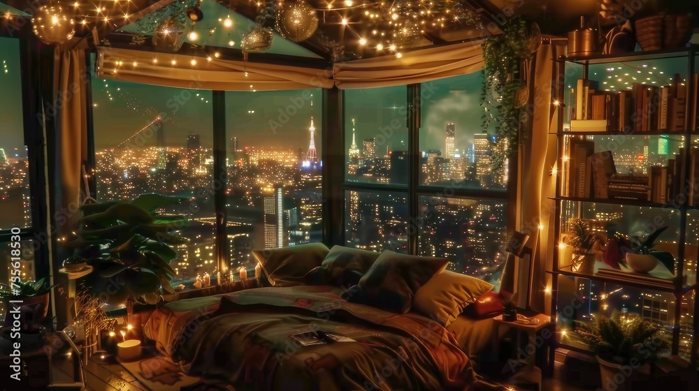 Cozy Bedroom with Panoramic Night City View and String Lights.