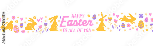 Cute hand drawn Easter horizontal seamless pattern with bunnies, flowers, easter eggs, beautiful background, great for Easter Cards, banner, textiles, wallpapers © TALVA
