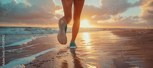 woman jogging on the beach during sunrise