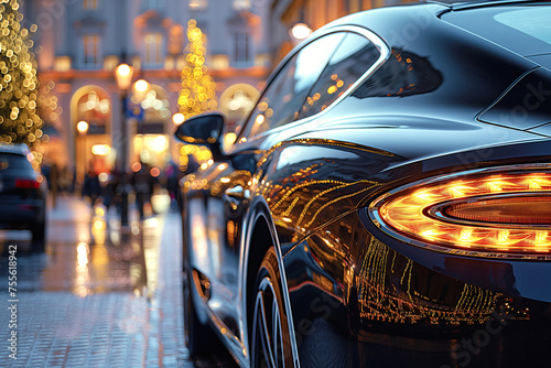 Luxury black car on the street in evening. Taillight close-up