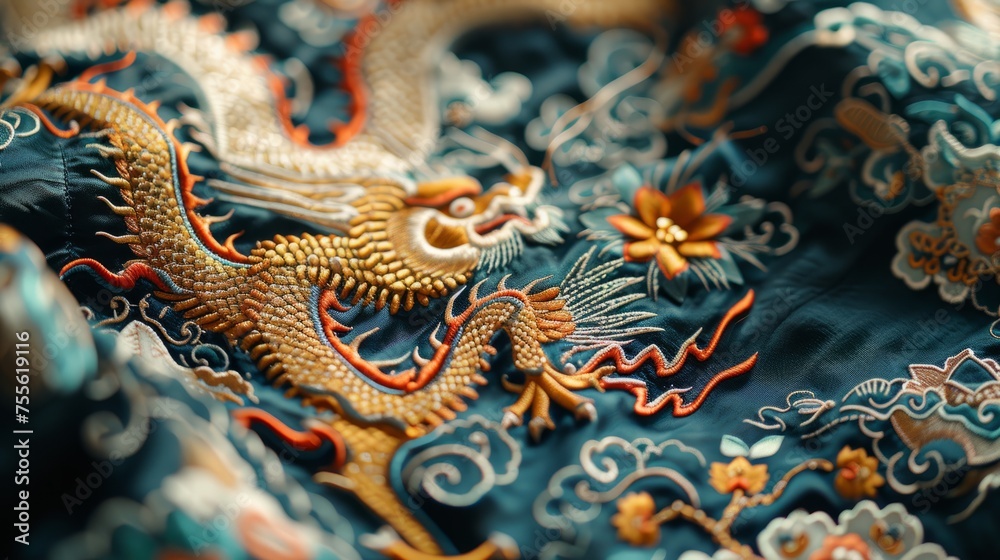 Close-up of an ancient traditional Chinese woven cloth, red-golden dragon on dark blue background