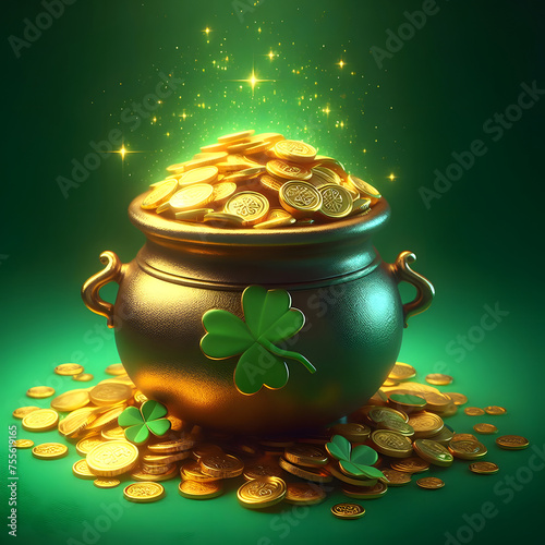 Pot of gold, St. Patrick’s Day , isolated on a green background, Celebrating Patrick's day, Shamrock Pot of Gold 