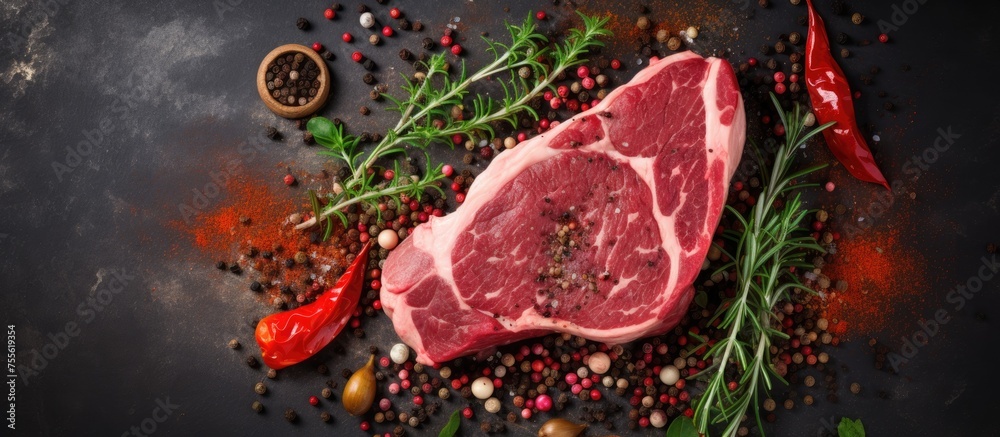 A top view of a raw beef steak placed on a table, surrounded by various herbs and spices. The steak appears to be either a Porterhouse or T-bone cut, ready to be cooked.