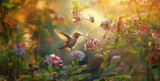 flowers in the morning, A hummingbird hawk-moth hovers gracefully around flowers, mimicking the bird's behavior and colors to deceive predators and access nectar photography