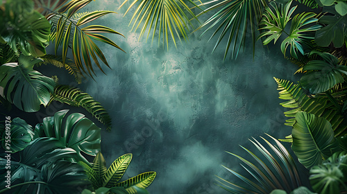 Empty minimal green background suitable for product display  textured with the subtle shadows of tropical leaves  creating a serene and natural setting.