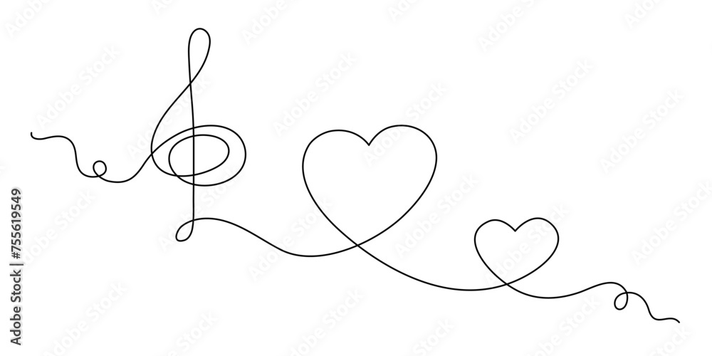 Treble clef and heart one line art,hand drawn continuous contour outline.Love music composition concept,minimalist romantic design,song for Valentines day February 14.Editable stroke.Isolated.Vector - obrazy, fototapety, plakaty 