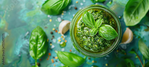 jar filled with green basil leaves pesto and garlic