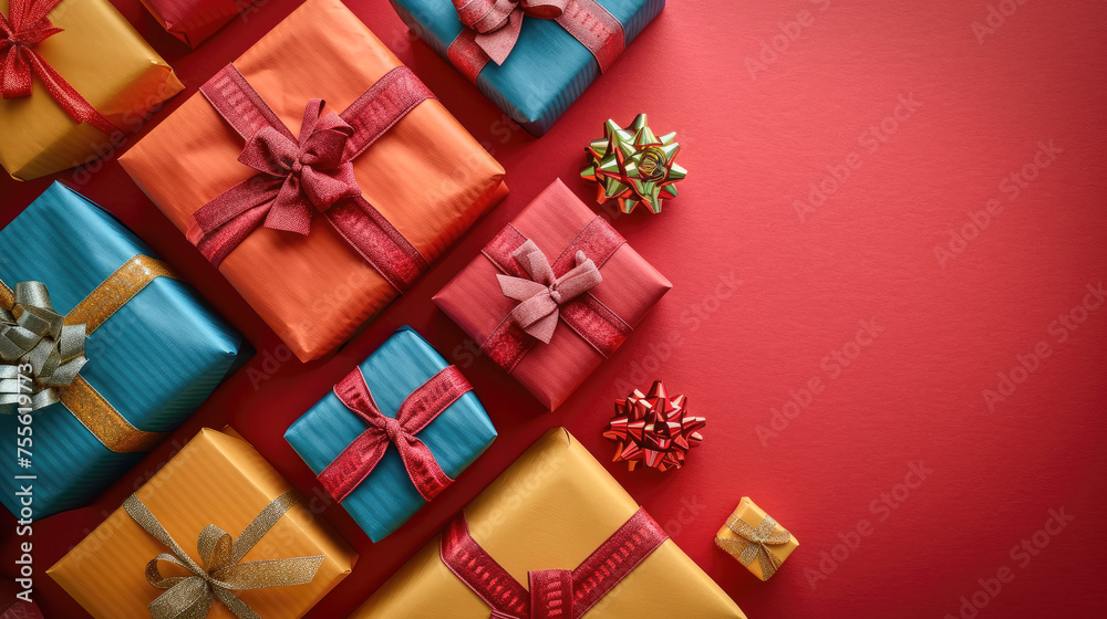 Random Colored Boxes card with random colors gift boxes on red background arranged in a flat ...