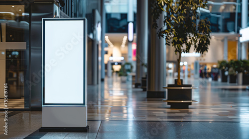 A white mockup of an advertising stand in a Shopping center