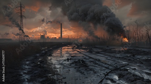 Desolate Oil Spill Sunset Post-Apocalyptic Landscape of Industrial Despair and Environmental Crisis