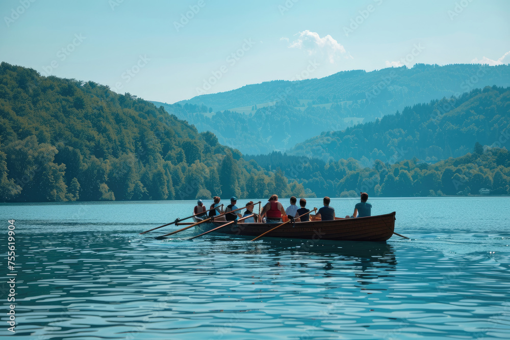 Group of People Rowing in a Boat on a Lake