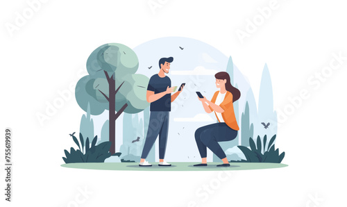 couple looking at smartphone vector flat isolated illustration