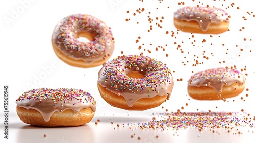 Brightly colored glazed doughnuts flying on a white backdrop with a mixture of sprinkles and crumbs and space for text, Generative AI.