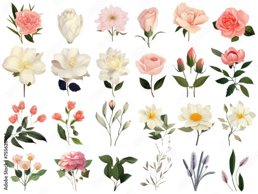 Collection and set of the many different flowers isollated on the transparent background Collection and set of the many different flowers isollated on the transparent background