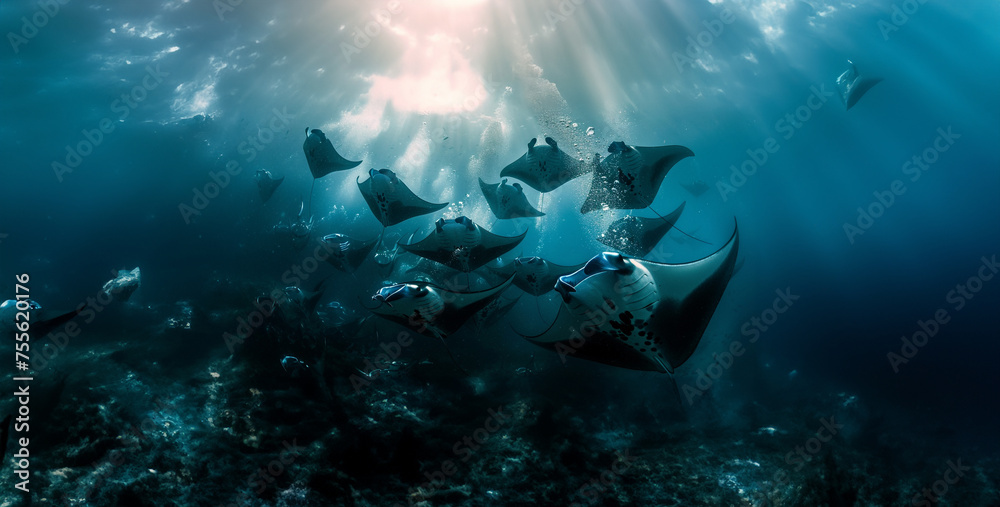 underwater scene with fish, A group of manta rays filter plankton in a ...