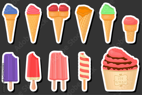 Illustration on theme big kit ice cream popsicle different types in cone waffle cup
