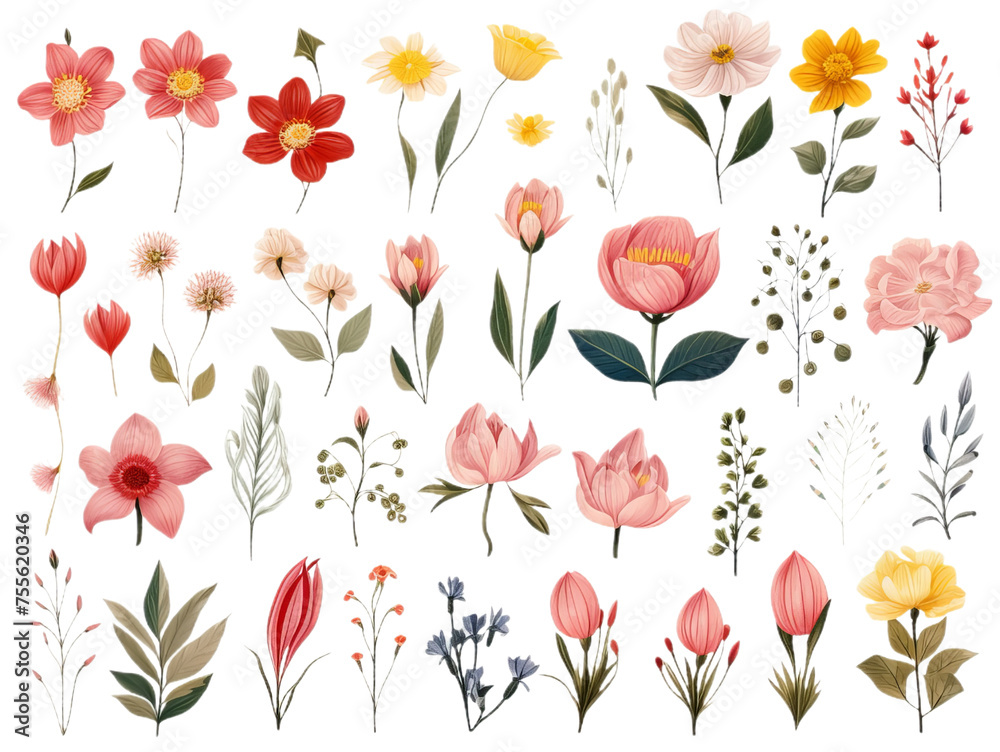 Collection and set of the many different flowers isollated on the transparent background