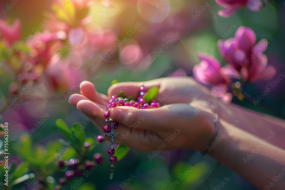 Faith in Bloom: A Hand Tenderly Holding a Rosary with a Flourishing Spring Scene