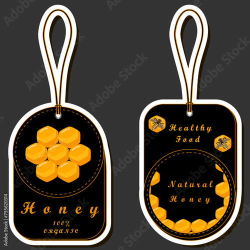 Illustration on theme for label of sugary flowing down honey in honeycomb with bee