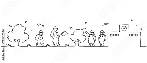 学校へ通う子ども達の線画イラスト