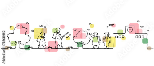 学校へ通う子ども達の線画イラスト
