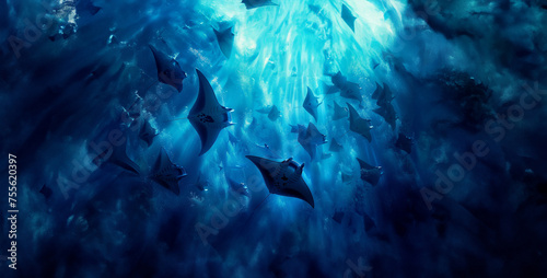A group of manta rays filter plankton in a feeding frenzy, creating a mesmerizing underwater ballet photography © Your_Demon