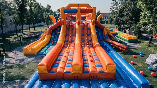 Children's colorful inflatable game with a castle-shaped base made of synthetic grass and a ladder and slip for them to play against greenly backdrop, Generative AI. photo