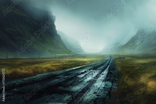a road in a valley with mountains and fog